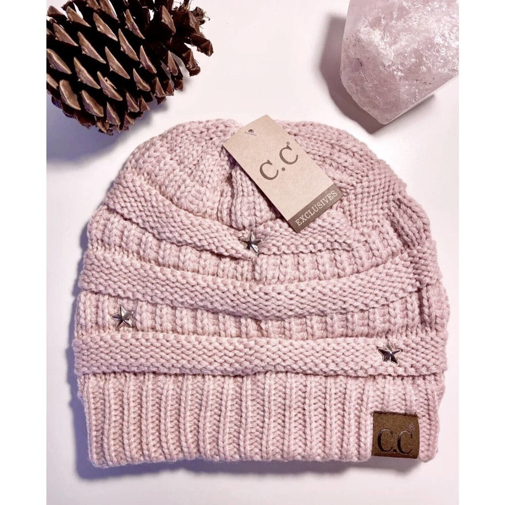 New Adult Size CC Winter Blush Pink Preppy Cable Knit Hat Cap Beanie w/ Stars